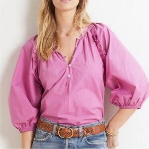 Cleobella Jess Blouse in Azalea Puff Sleeve Pink Ruffle Top Size Medium